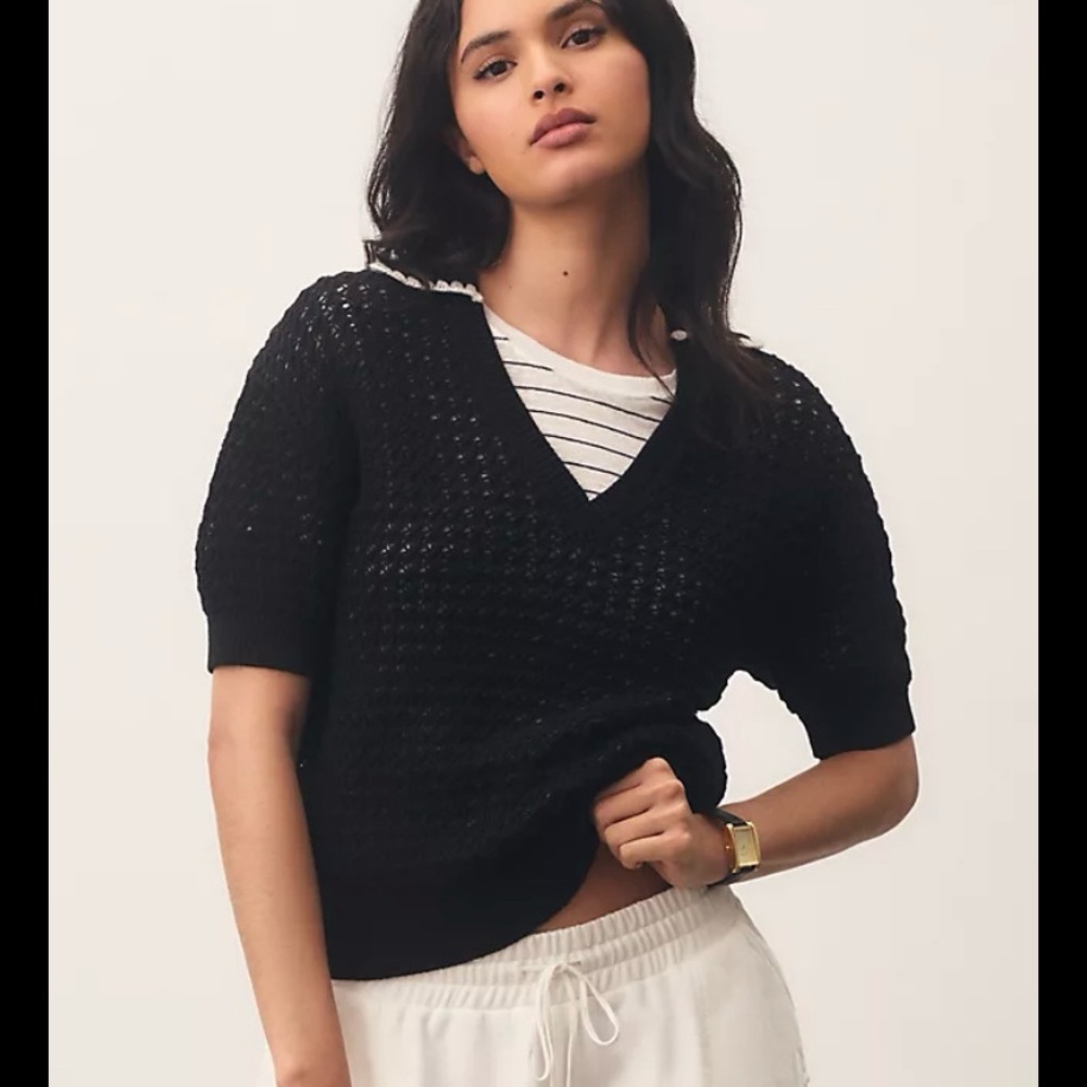 Anthropologie‎ Varley Polo Sweater Collar Monte Short-Sleeve V-Neck Black Size M